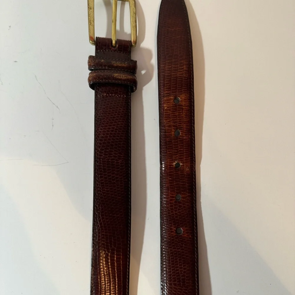 Vintage Lloyd's Brown Lizard Grain Leather Belt Solid Brass Buckle Size 40
